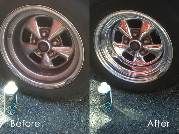 DRI-WASH N’ GUARD WATERLESS CAR WASH PREMIUM METAL POLISH used on wheel hubcaps to return original shine to metals